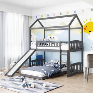 Harper & Bright Designs Gray Twin Over Twin Wood House Bunk Bed with 2 ...