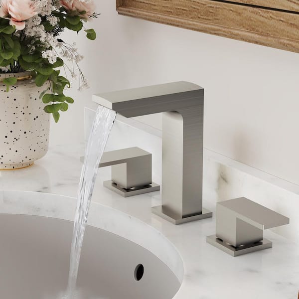Minimalist 2-Handle 3-Hole Bathroom Sink Faucet Widespread Vanity Faucet with Drain in Brushed Nickel