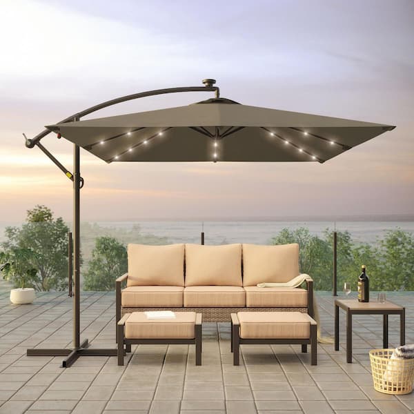 8.2 ft. x 8.2 ft. Patio Offset Cantilever Umbrella With LED Lights, Rectangular Canopy, Steel Pole and Ribs in Taupe