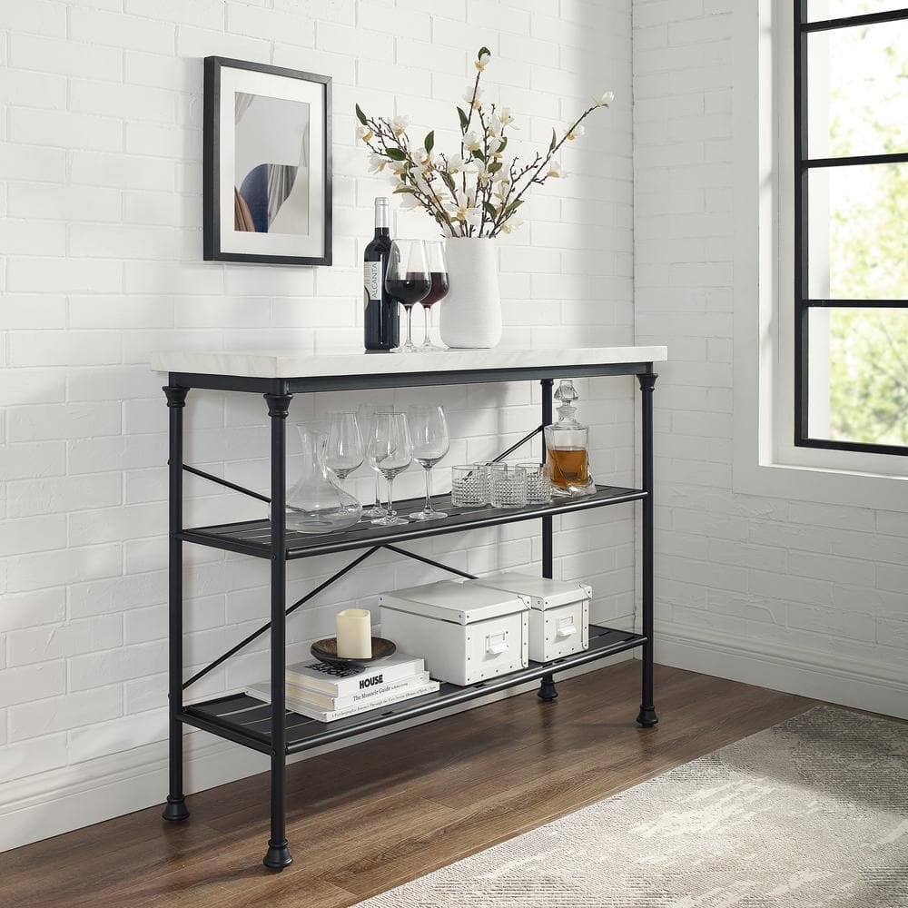 French Industrial Revival Matte Black Console with Faux Marble Top