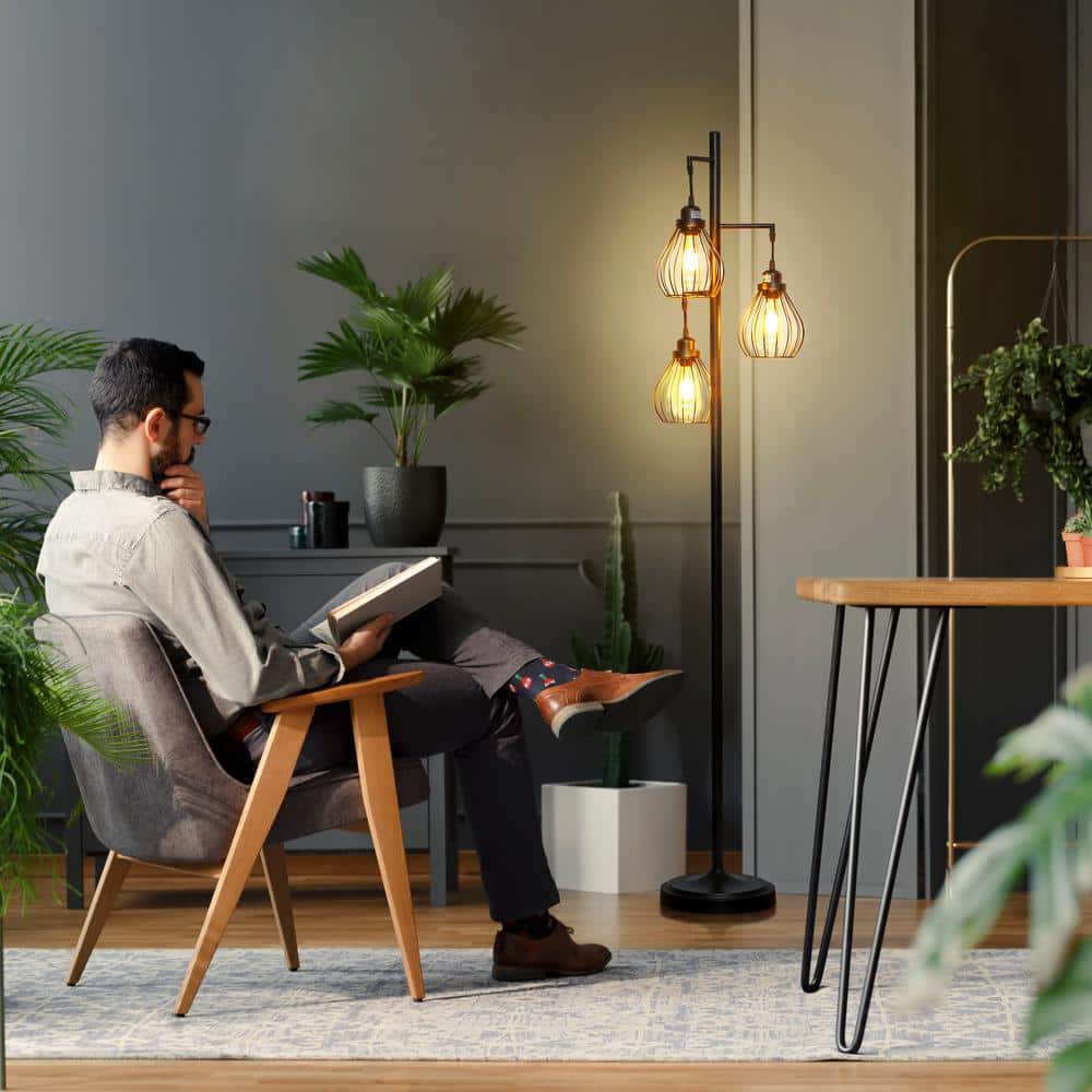 Edison Inspired Multi-Head 68" Black LED Floor Lamp