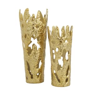 20 in., 15 in. Gold Aluminum Metal Decorative Vase with Cut Out Designs (Set of 2)