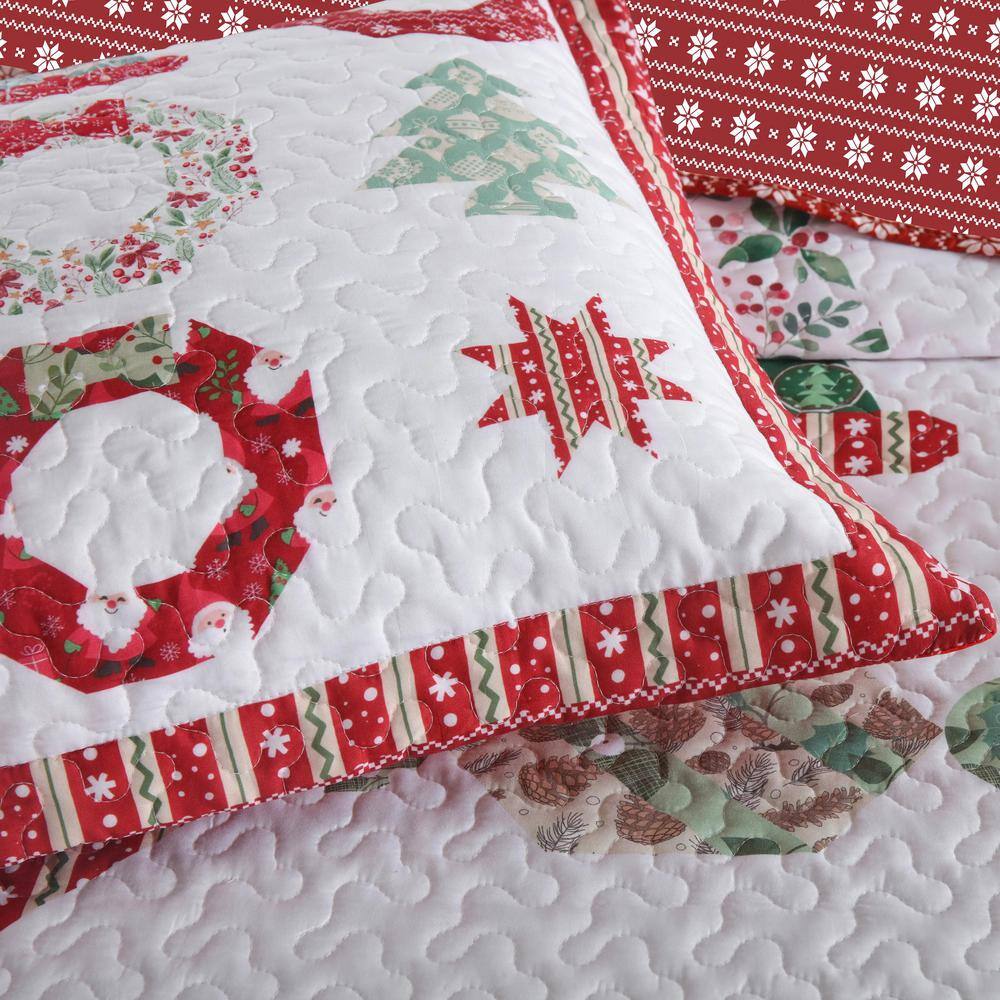 King Red and White Reversible Christmas Quilt Set