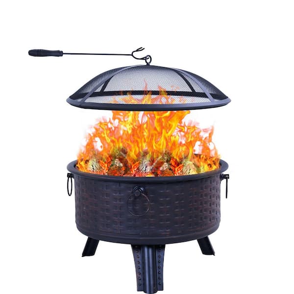 DESwan 26 in. Outdoor Steel Round Wood Burning Fire Pit with Mesh Lid and Poker