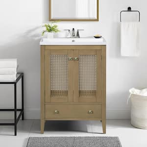 24 in. W x 18 in. D x 34 in. H Freestanding Bath Vanity in Natural with White Ceramic Top, Rattan Storage Cabinet