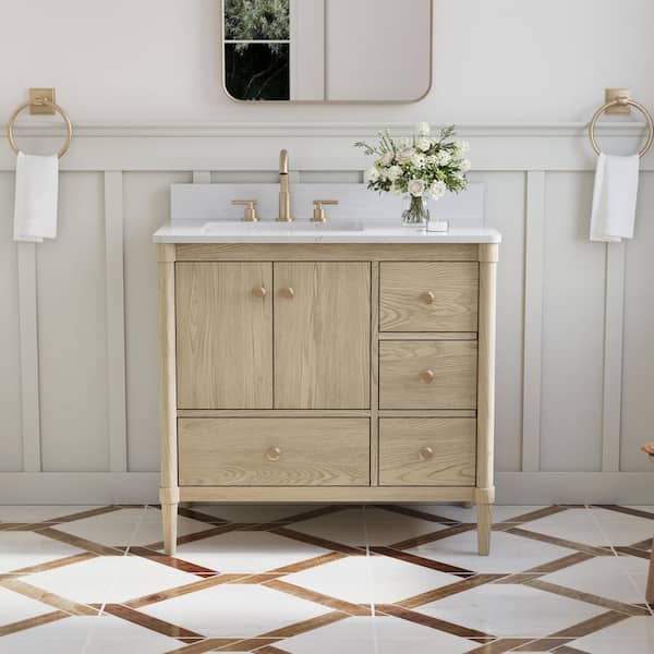 36 in. OAK Solid Wood Bath Vanity with Carrara White Quartz Top, Soft-Close Doors, Drawers, CUPC Certified, Assembled