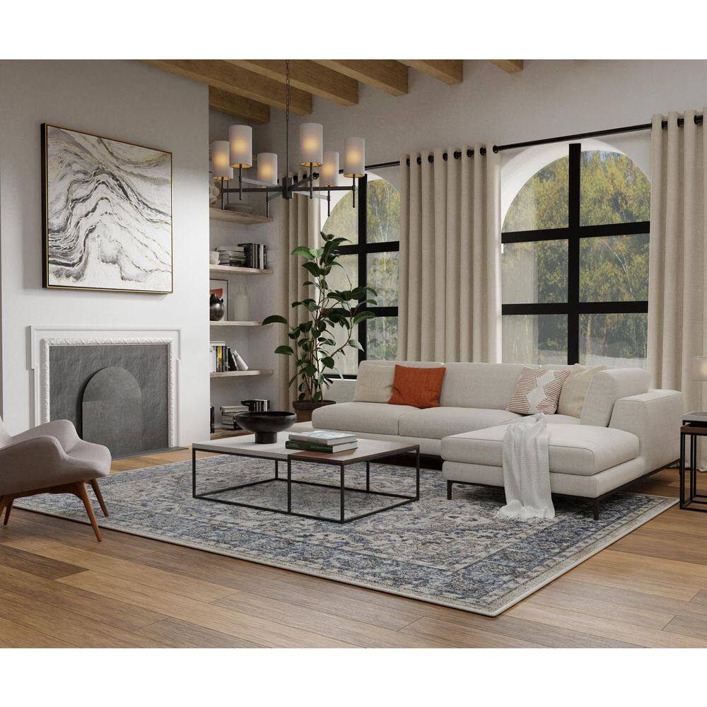 Blue and Beige Floral Medium Pile Synthetic Area Rug