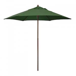 9 ft. Wood-Grain Steel Push Lift Market Patio Umbrella in Polyester Hunter Green Fabric