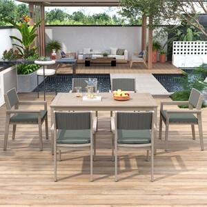 White Washed 7-Piece Wood Rectangle Outdoor Dining Set with Grayish Green Cushions