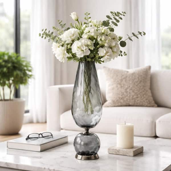 21 in. Gray Glass Contemporary Smoked Decorative Vase with Metal Base