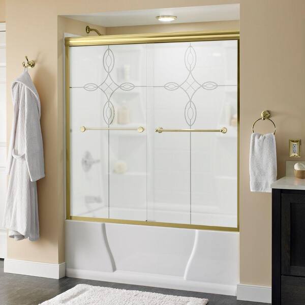 Delta Crestfield 60 in. x 58-1/8 in. Semi-Frameless Traditional Sliding Bathtub Door in Brass with Tranquility Glass