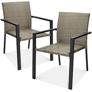 Set of 2 Taupe Wicker Chairs with Armrests, Stackable Outdoor Dining Furniture for Patio