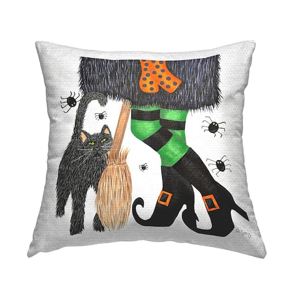 Halloween Witch and Black Cat Festive Black Square Outdoor Throw Pillow