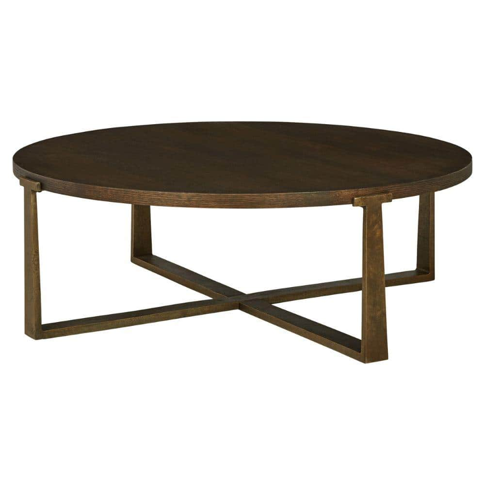 Benjara 49.88 in. Brown Round Wood Coffee Table with Sand Casted Metal ...