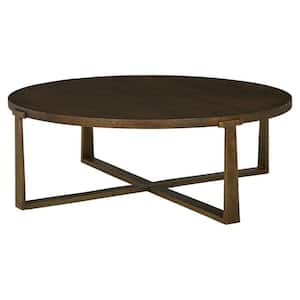 49.88 in. Brown Round Wood Coffee Table with Sand Casted Metal Base
