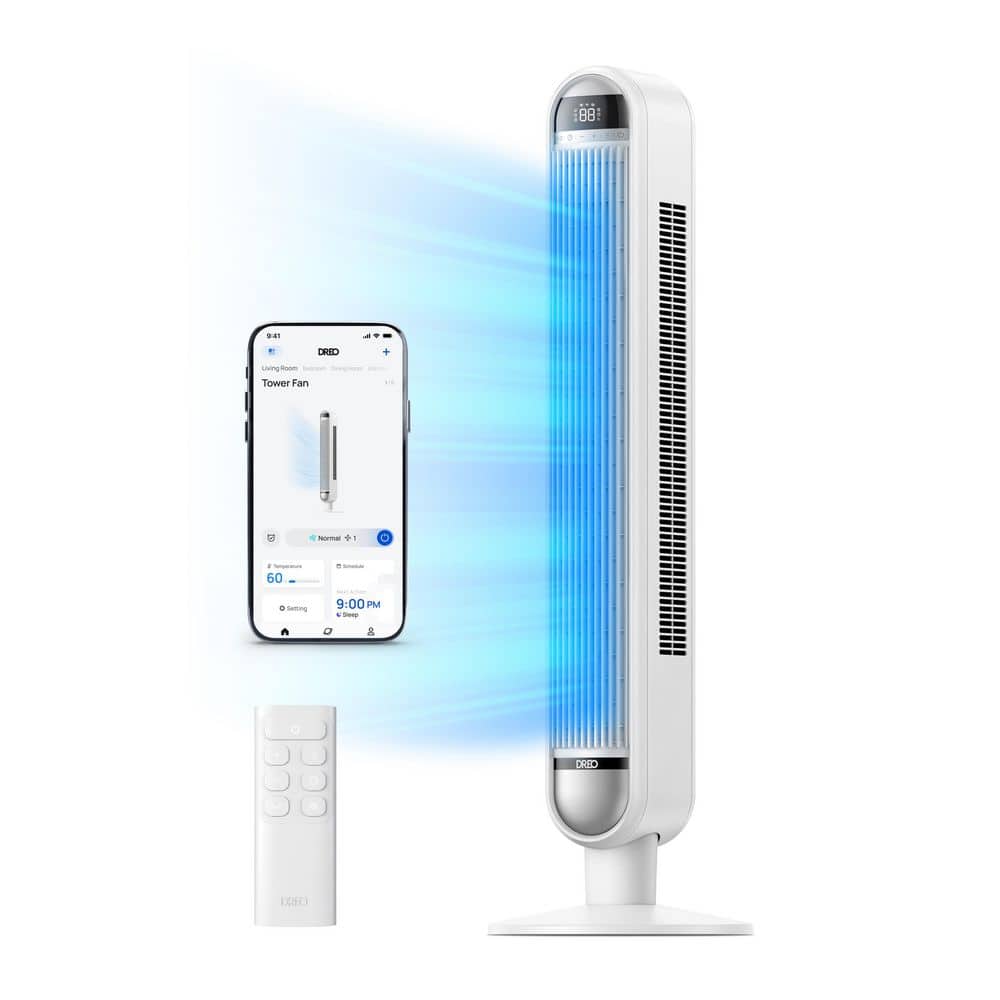 DREO 42 in. Smart Tower Fan with Remote, 6-Speed, 12 H Timer and 90° Oscillation, Wi-Fi Voice Control in White DR-HTF019S-white
