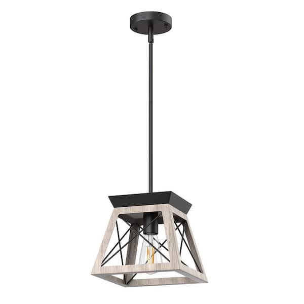 1-Light White Wood Grain Lantern Pendant Light, Vintage Farmhouse Basket Chandelier for Bedroom, Kitchen