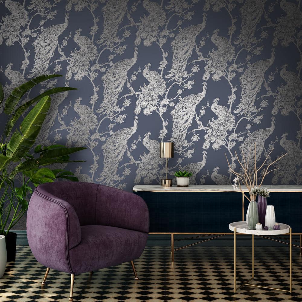 Navy Blue Metallic Peacock Trail Wallpaper 396in x 20.8in