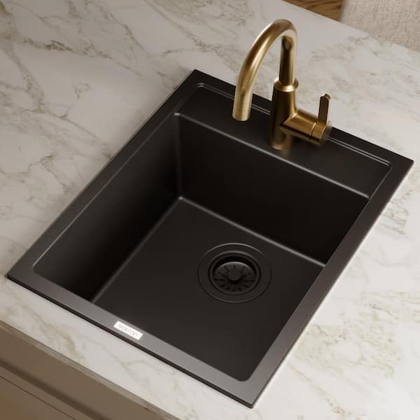 Quartz Granite Composite 15.75 in. Drop-in Top Mount Single Bowl Kitchen Bar Prep Sink in Black