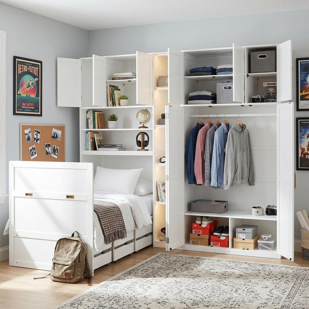 White Wood Frame Twin Size Murphy Bed with Wardrobe and Storage Shelves, 5-Tier LED Display Shelves, Overhead Cabinets price history on PriceWatchPro