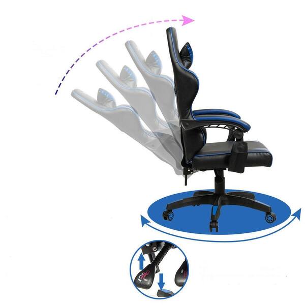 FORCLOVER Blue Leather Reclining Swivel Game Chair with Adjustable Arms and Lumbar Massage Cushion