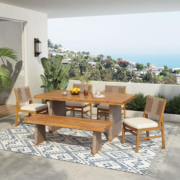 Kirsten 6-Piece Brown Wood Outdoor Dining Set with Cream Cushion and Bench