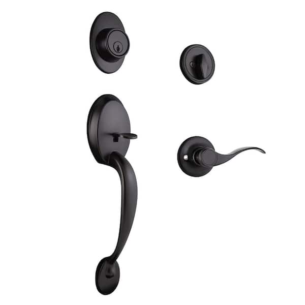 Design House Coventry Matte Black Door Handleset with Springdale Handle Interior and Single Cylinder Deadbolt