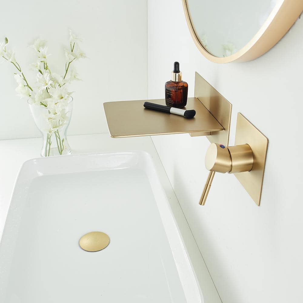 Brushed Gold Wall-Mount Single-Handle Bathroom Faucet with Shelf