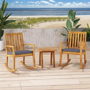Montrose Teak Brown 3-Piece Wood Outdoor Patio Conversation Seating Set with Dark Grey Cushions