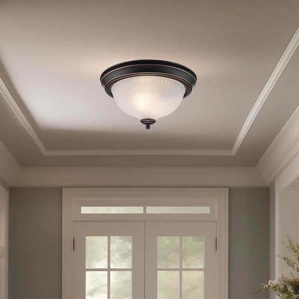 PRIVATE BRAND UNBRANDED 11.25 in 2-Light Oil Rubbed Bronze Flush Mount Ceiling Light Fixture with Frosted Swirl Glass Shade