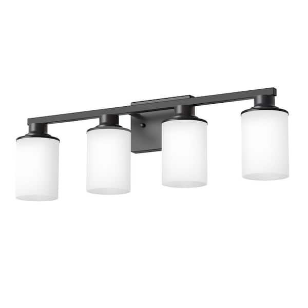 27 in. 4-Light Matte Black Cylinder Glass Shade Vanity Light with Dimmable for Vanity No Bulbs Included