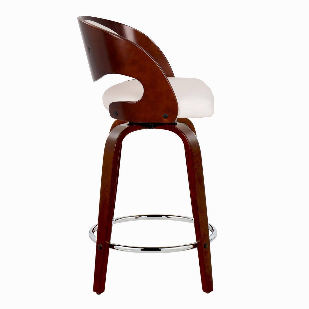 White Faux Leather and Cherry Wood Swivel Counter Stool