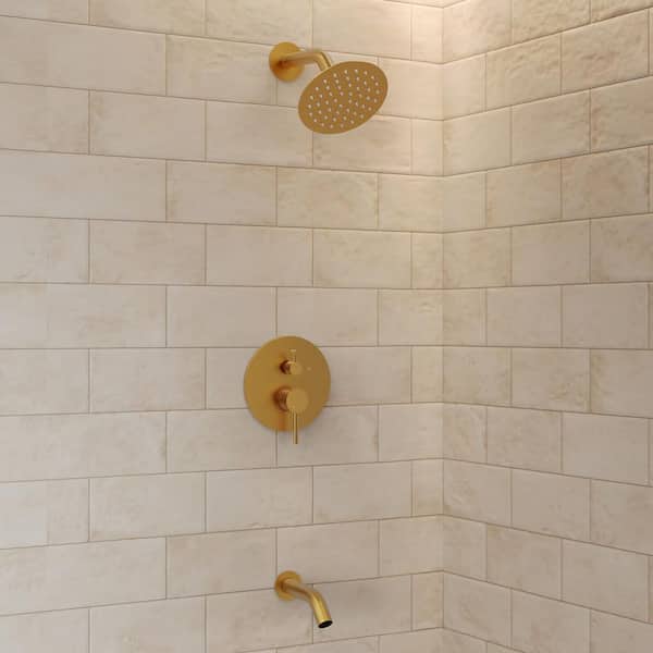 Single Handle 6 in. Wall Mount 1-Spray Tub and Shower Faucet 2.5 GPM in Brushed Gold Valve Included