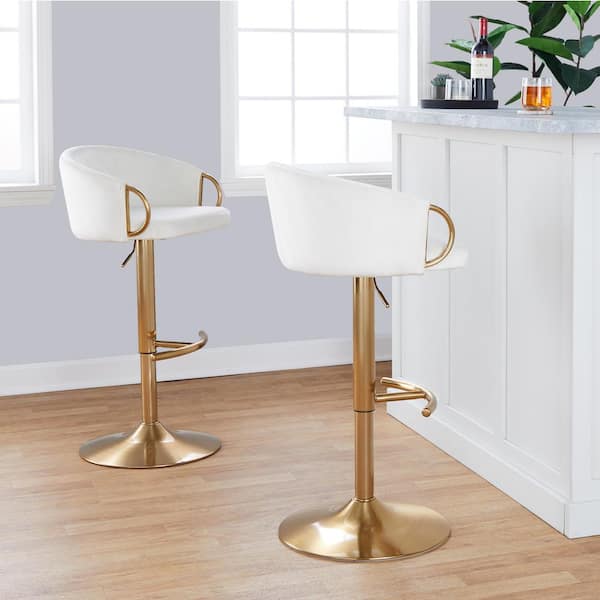 Claire 33 in. Cream Velvet and Gold Metal Adjustable Bar Stool with Rounded T Footrest (Set of 2)