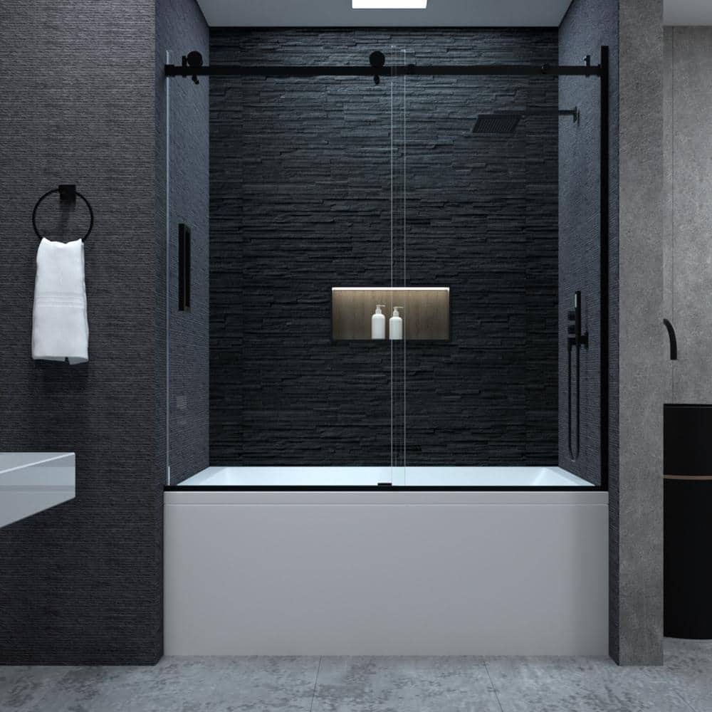 60 in. W x 60 in. H Sliding Tub Door in Matte Black with Clear Glass