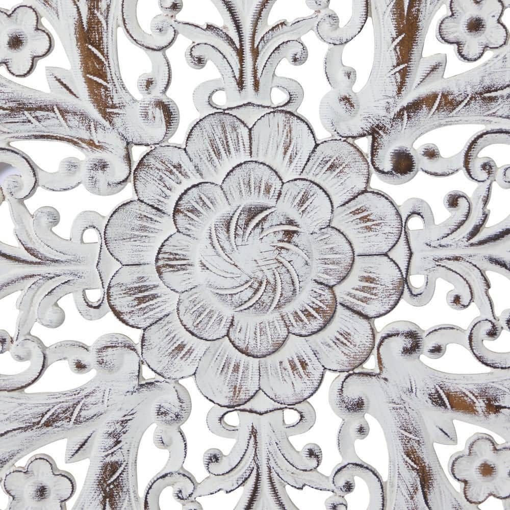 Brown and White Carved Floral Mandala Wood Wall Decor