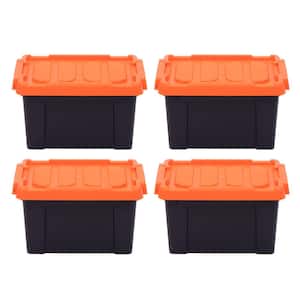 21 Qt. Stackble Storage Tote, with Heavy-duty Orange Buckles/ Lid, in Black, (4 Pack)