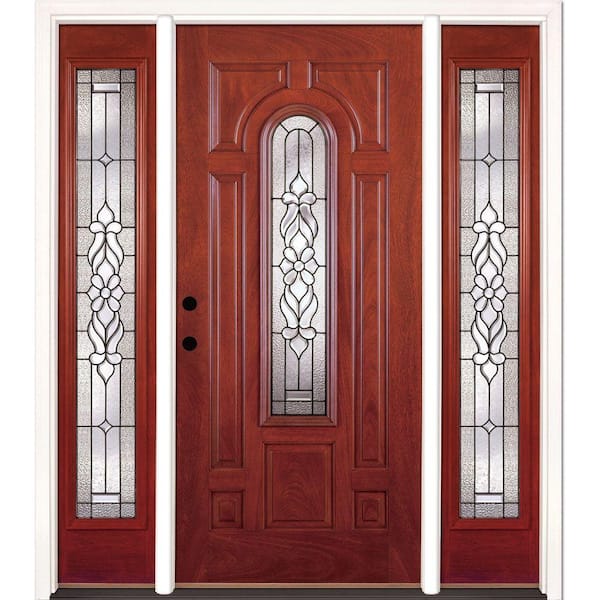 Feather River Doors 63.5 in. x 81.625 in. Lakewood Patina Stained Cherry Mahogany Right-Hand Fiberglass Prehung Front Door with Sidelites