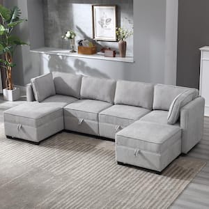 Modern Modular Sectional Sofa 6-Piece Grey Linen Living Room Set Couch with Storage Ottoman
