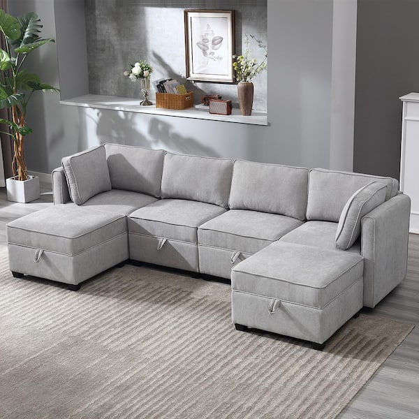 Morden Fort Modern Modular Sectional Sofa 6-Piece Grey Linen Living Room Set Couch with Storage Ottoman