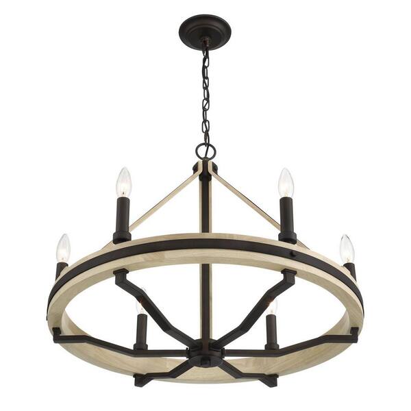 Minka Lavery - Sonoma 6-Light Dark Bronze with Natural Solid Oak Wood Wagon Wheel Chandelier for Dining Room, Kitchen No Bulbs Included