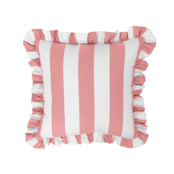 Cabana Stripe Pink/White 18 in. Filled Square Ruffle Outdoor Throw Pillow