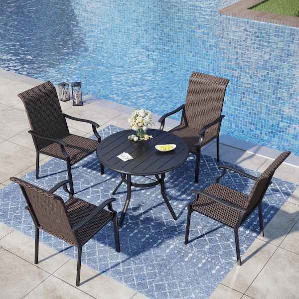 PHI VILLA Black 5-Piece Metal Slat Round Table Patio Outdoor Dining Set with Brown Rattan High Back Wave Arm Chairs