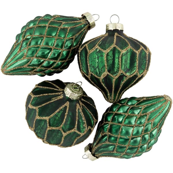 4ct Green with Gold Glitter Onion and Finial Glass Christmas Ornaments 4.75 in.