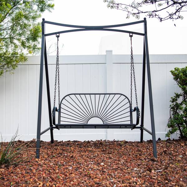 XBRAND 55.5 in.W 2-Person Seating Black Metal Sun-Patterned Porch