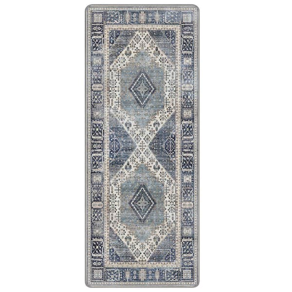 Naiad Machine Washable Blue 2 ft. x 7 ft. Geometric Border Indoor Area Rug