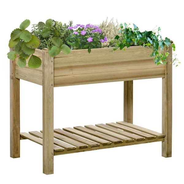Unbranded 36 in. x 20 in. Elevated Wood Planter Box with Storage Shelf - Raised Garden Bed for Vegetables, Herbs and Flowers