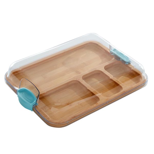Farberware 11in.Lx14in.Wx2.9in.H Build-A-Board Bamboo Cutting Board with Built-in Compartments and Clear Locking Lid w/Blue Handles