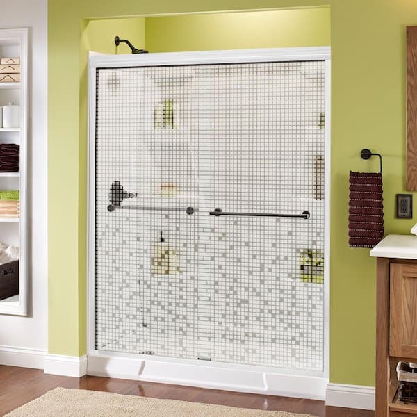 Delta Lyndall 60 in. x 70 in. Semi-Frameless Traditional Sliding Shower Door in White and Bronze with Mozaic Glass