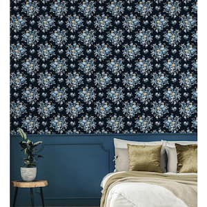 56 sq. ft. Midnight Blue and Toffee Floral Bouquet Prepasted Paper Wallpaper Roll